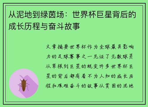 从泥地到绿茵场：世界杯巨星背后的成长历程与奋斗故事